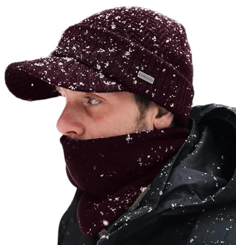 Comhats PolarWool - Berretto invernale invernale in lana merino con visiera e scialle per tubo da sci, cappello di lana con visiera e scalda collo in pile M/L/XL
