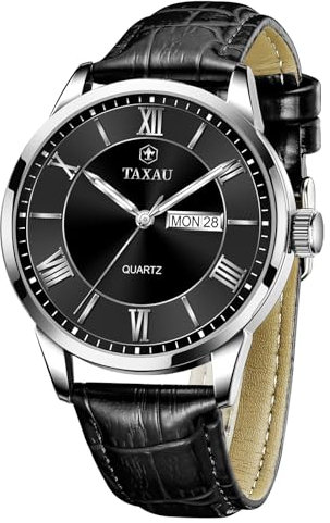 Taxau Herren Uhren Lederarmband Schwarz Ziffernblatt Analog Quarz Armbanduhr Herren Lederband Schwarz Wasserdicht Herrenuhr mit Tag und Datum Herrenarmbanduhren mit Lederband Easy Read