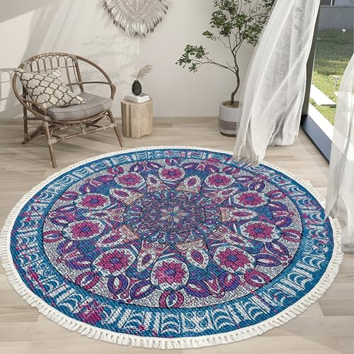 Boho-Teppich, rund, für Schlafzimmer, 152 cm, rutschfest, Landhaus-Teppich, rustikale Mandala-Bodenmatte für Wohnzimmer, Spind, Zimmer, Quaste, Yoga, Überwurf, waschbar, Fußmatte, Lila