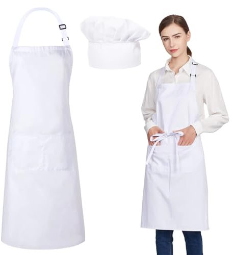 LONZIKP Set de Gorro de Cocinero y Delantal Ajustable con Bolsillos para Hombres y Mujeres Cocina Cocinar Hornear BBQ (Blanco)
