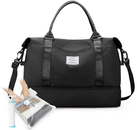 Borsone da Viaggio Sottovuoto Donna,Bagaglio a Mano Borsa da Viaggio con Scomparto per le Scarpe,Borsa Sportiva Borsone da Palestra da Weekend,O2 Nero