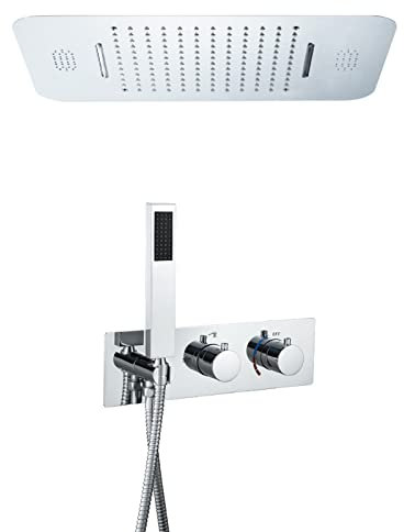 UQACHG Led-Musik-Regenduschsystem Mit 58 × 38 cm Großem Duschkopf Mit 2 Modi, Duschhahn-Set, Fernbedienung, 64 Farben, Led-Dusch-Kombi-Set Mit Handbrause, Gebürstet,Chrome