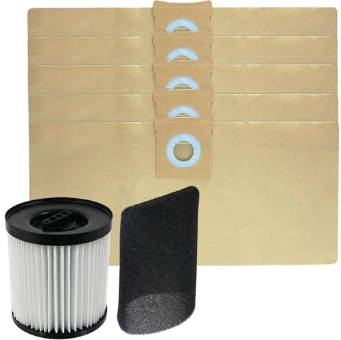 SPARES2GO Cartridge Filter Sleeve + 5 Dust Bags for Mac Allister MWDV16L-A MWDV20L-A MWDV30L-A 16L 20L 30L Vacuum Cleaner