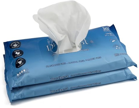 DryQuest Incontinence Wet Wipes, Pack of 60 Travel Wipes- Versatile, Soft & Moist, Fragrance and Alcohol Free - Formulated for Sensitive Skin for Adults with Aloe Vera & Chamomile Extract (20 x 28 cm)