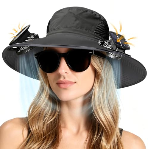 Solar Powered Fan Hat,Wide Brim Hats with 2 Solar Fan Dark Grey | 3 Adjustable Wind Speed,USB Charging,Outdoor Wide Brim Sun Hat,Summer UV Protection Fishing Hat for Adults Outdoor Activities