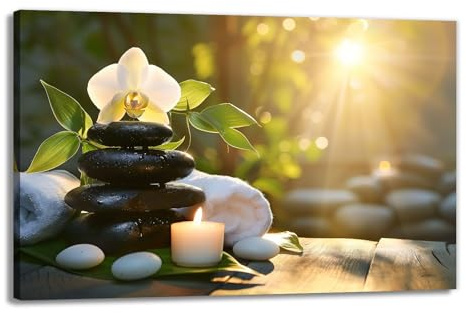 GLOKAKA Zen Wall Art White Orchid Floral Canvas Print Candle And Black Spa Stone Painting Print Serene Still Life Wall Decor for Bedroom Bathroom Meditation Room(Artwork-3,12x18)