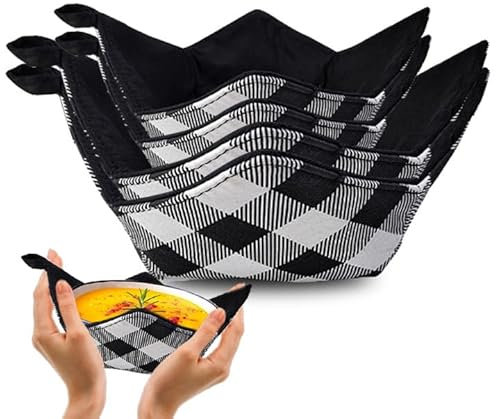 4‑Piece Microwave Bowl Cosy Set – Heat‑Proof Insulated Pads in Black & White Check, Protects Hands from Hot Bowls, Multi‑use Tray & Plate Holders for Soup, Plates & Leftovers