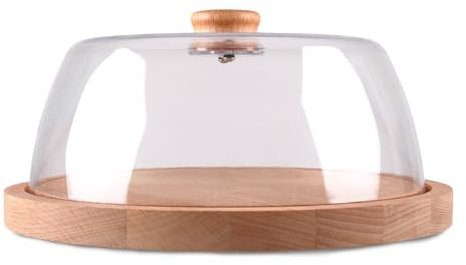 Bestlivings Käseglocke Kunststoff BPA-Frei, hochwertiges Holztablett aus Buche mit Griff und Abdeckhaube ⌀ 24cm, Lebensmittelechter Tortenständer