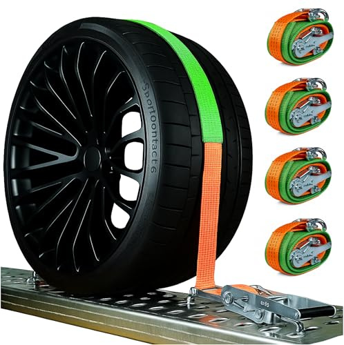 INTAKO 4X Spanngurte für Autotransport mit Grippschlauch 2,9 m 3 t - Spanngurte 3000 kg - Radspanngurte - Gurte für PKW Anhänger, Reifengurte
