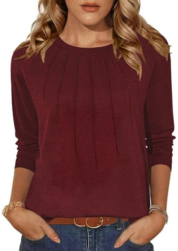 Zeagoo Tshirt Damen Langarm T-Shirt Rundhals Casual Oberteile Falten Tops | Einfarbig Basic Shirts | Langarmshirt Herbst Winter | Locker Tunika Tops | Leichte Dünne T Shirt | Elegant Mode Shirt