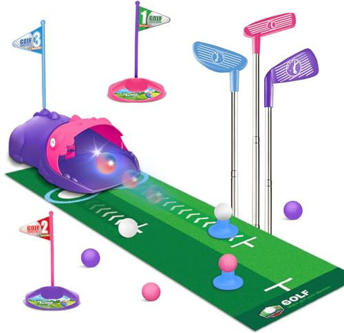 Clemas Giocattolo da Golf per Bambini Aggiornato con Raccoglitore Automatico, Palline da Golf Luminescenti a LED,Mazze,Tappetino da Putting,Mini Golf per 3-8 Anni,Giochi Sportivi per Bambini(Rosa)
