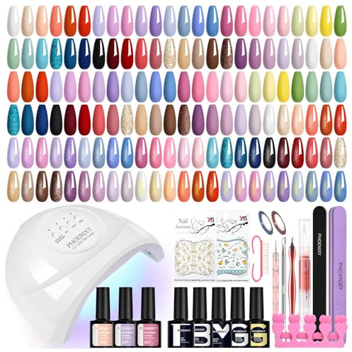 Phoenixy Gel Nail Polish Set, 50Pcs Gel Nail Kit with 48W U V Lamp Nail Set | 45 Colours Gel Nail Polishes with Base Top Matte Glitter Golden Coat Complete Tools Manicure Kit Gifts for Women