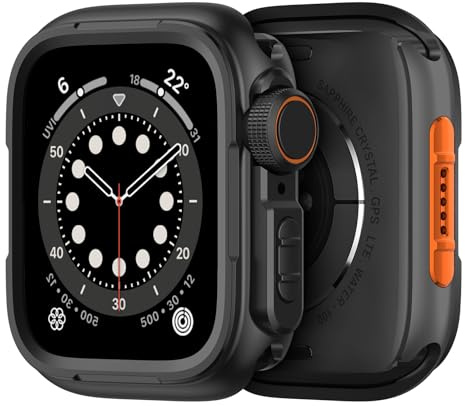 SOLOLUP Metall Schutzhülle für Apple Watch Hülle 44mm,2 in 1 Robuste Rundum Metal Case mit Rücken Gehäuse für Apple Watch SE 3/2nd Series 6/5/4 Schutz iWatch 44mm,Schwarz-Orange[Kein Bildschirm][HD]