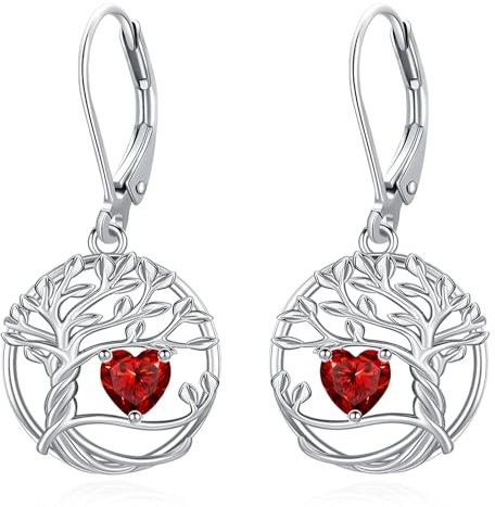 Eusense Boucles d'Oreilles Arbre de Vie avec Cœur en Pierre de Naissance Bijou Cadeau Personnalisable pour Anniversaire et Fête des Mères