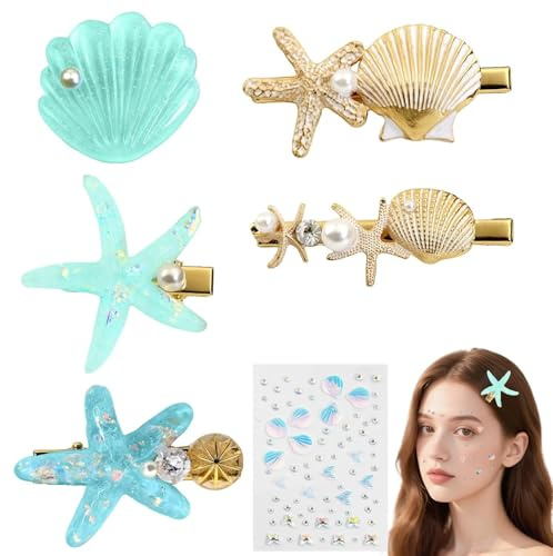 Meerjungfrau Haarschmuck 6 Set Inklusive Seestern Haarspange Muschel Haarspangen Meerjungfrauen Gesicht Aufkleber Geeignet Als Accessoire für Damen Im Alltag, Bei Partys und Feiern