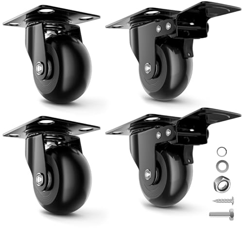 COSYLAND Ruedas para Muebles Pesados 50 mm, Juego de 4 Ruedas Giratorias 360° con Placa, Hasta 300 kg, No Dejan Marcas, para Transporte y Movimiento de Muebles, 2 con Freno y 2 Sin Freno, Negro