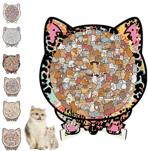 Morandi-Colored Cat Shaped Wooden Jigsaw Puzzle, Cats Wooden Puzzle with Unique Animal Pieces, Cute Cat-Shaped Wood Puzzles with A Frame, Gifts for Cat Lovers, Xmas Decor (Brown F)