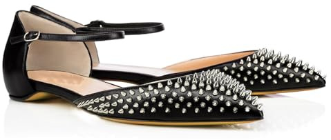 Ballerine Eleganti da Donna con Borchie, Scarpe Basse Comode e Sexy con Punta Affusolata, con Aperture Laterali e Cinturino Regolabile alla Caviglia, per Feste e Matrimoni