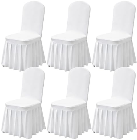 Stuhlhussen Weiß, 6 Stück Universeller Stretch Stuhlbezug, Abnehmbarer Elasthan Spandex Stuhlbezüge mit Rock, Waschbarer Hussen für Stühle, Elastisch Stuhlschutz Stuhlbezug für Hochzeit, Party, Hotel