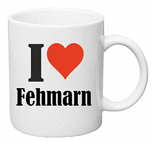 Reifen-Markt I Love Fehmarn Keramik Kaffeebecher 330 ml, weiß Teetasse Spülmaschinenfest mikrowellengeeignet Geschenkidee, Motiv 135640