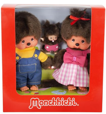 Sekiguchi 254870 - Original Monchhichi Mädchen und Junge mit Baby im Set, aus braunem Plüsch, mit Outfits, Brown
