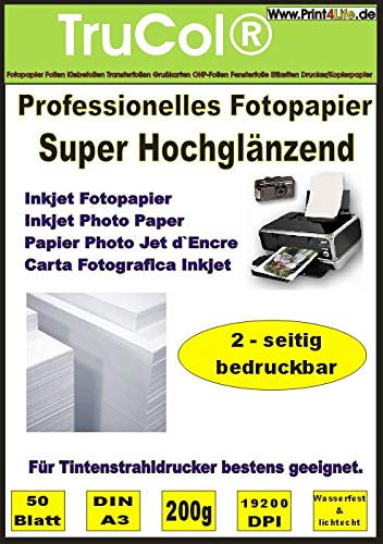 BEIDSEITIG 50 Blatt Fotopapier Photopapier DIN A3 200g /qm - beidseitig Glossy (glaenzend) - sofort trocken - wasserfest - hochweiß - sehr hohe Farbbrillianz Fuer Inkjet Drucker (Tintenstrahldrucker)