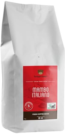 Brown Bear Café en Grains Mambo Italiano, Mélange pour Expresso Caféiné 100% Arabica, Torréfaction Corsée, Intensité N°5 – Mélange Idéal avec Lait/ Cappuccino/ Latte – Machines à Moulin/Cafetières 1kg