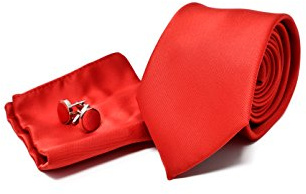 Coffret Ensemble Cravate Homme, Mouchoir de Poche, Boutons de Manchette Rouge Satin - 100% en Soie - Classique, Elégant et Moderne - (Idéal pour un cadeau, un mariage, avec un costume…)