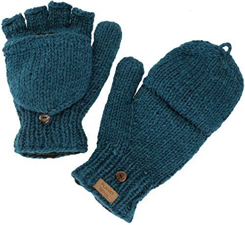 GURU SHOP Handschuhe, Handgestrickte Klapphandschuhe, Wollhandschuhe uni - Petrol, Herren/Damen, Synthetisch