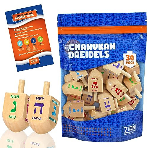 Zion Judaica Holz-Dreidels, mittelgroß, in Druckverschlussbeutel 30 Pack natürliches Holz
