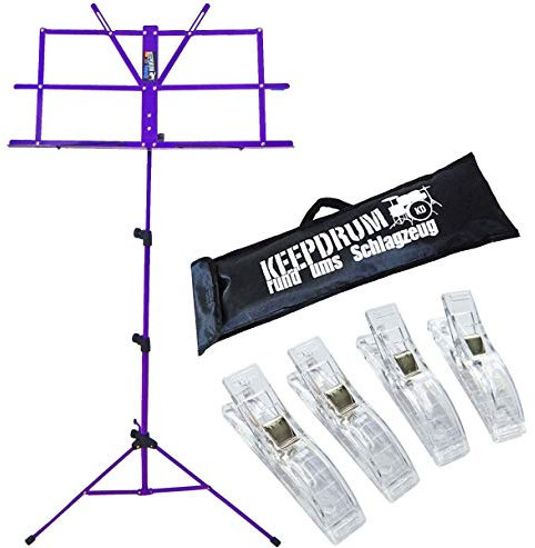 keepdrum MUS2 FL Flieder Notenständer Lila + Tasche + 4 Stück Clip Notenklammer