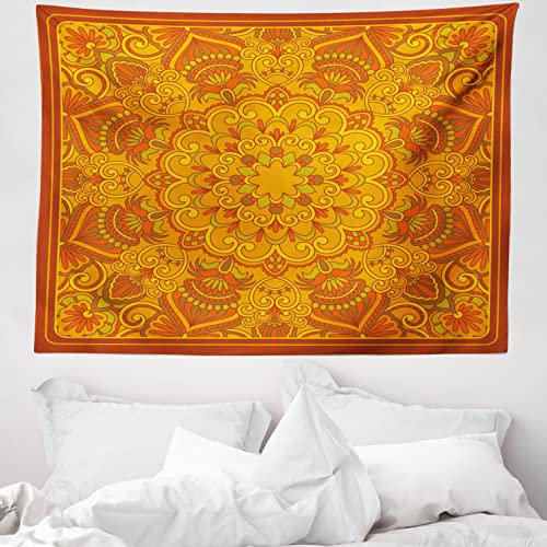 ABAKUHAUS Indische Wandteppich Muster vielseitige Kulturelle Kunst Symetrie Spirituelle Abbildung Digitaldruckaus Weiches Mikrofaser Stoff 150 x 110 cm Farben verblassen Nicht Waschbar, Orange Grün