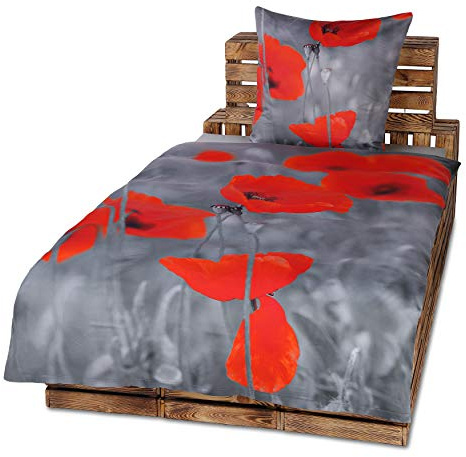 MB Warenhandel24 2-4 teilig 3D Digitaldruck Luxus Mako Satin Bettwäsche aus 100% Baumwolle 135x200 o. 155x220 + 80x80 cm Kissenbezug mit Reißverschluss (Mohn Anthrazit/Rot, 2 teilig 155x220+80x80 cm)