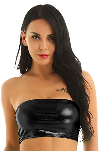 Agoky Damen Bandeau BH Glänzend trägerloses Crop Top bauchfreie Oberteile sexy metallisch Dessous Schwarz L
