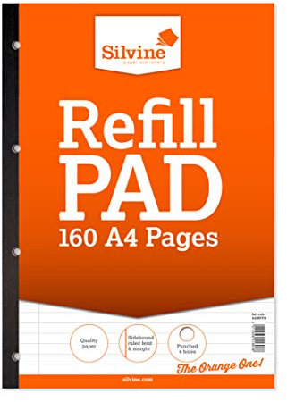 Silvine 160 Page A4 Refill Pad, Side Bound and Punched 4 Holes. Ruled 8mm Feint with Margin. Ref A4SRPFM, Single, White