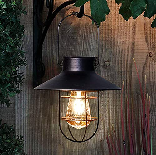 Outdoor Solar Hanging Lanterns Vintage Light with Warm LED Bulbs for Garden Yard Patio Pathway Tree Decoration, Solar-Powered Landscape Lighting (Black)