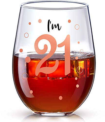 21st Birthday Wine Glass Rose Gold - Funny Present for Girls, Party Decorations Supplies, 17 oz Stemless