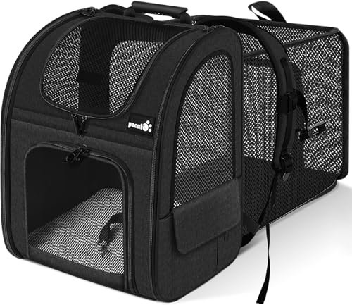 pecute Haustier Expansions Rucksüke für Hund und Katzen mit Front Opening-Mesh Fenstertaschen, Tragbare und Erweiterbare Ourdoor Faltbarer Raum Tragetasche,Schwarz (maximale Geladen 6kg)