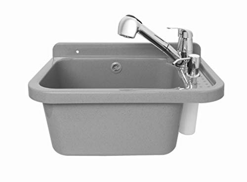 ADGO Fregadero de Cocina para el Hogar con Lavabo de Cámara Profunda con Batería, Grifo y Contenedor Dispensador de Jabón, para Jardín, Sótano de Garaje, Baños, Taller, Fábrica Industrial, 60cm Gris