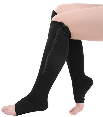 Haofy 1 calze a compressione con cerniera per uomini e donne, calze a compressione per vena varicosa, edema, piedi dolorosi e caviglie gonfie, L/XL (nero)