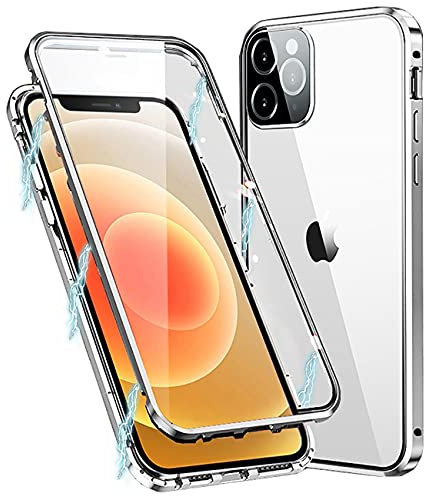 MIMGOAL Hülle für iPhone 11 Pro, Magnetische Metallrahmen Handyhülle 360 Grad Full Body Vorne hinten Gehärtetes Glas Schutzhülle Einteiliges Ultra Dünn Flip Transparente Cover,Silber