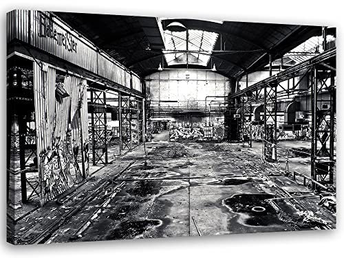 Feeby Vlies Leinwandbild Verlassene Fabrik Verfall Saal 30x20 cm Wand Bild Kunstdruck Deko Wohnzimmer Wohnungs Deko Altmetall Ruiniertes Gebäude Maschinen Grau
