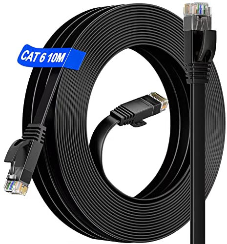 Cable Ethernet 10 metros - Cat 6 Cable de Red Alta Velocidad 10m Plano LAN Cable Gigabit (10 Clips), Rj45 10 metros Cable Internet Negro Exterior Interior Impermeables para Router Ordenador MóDem Xbox