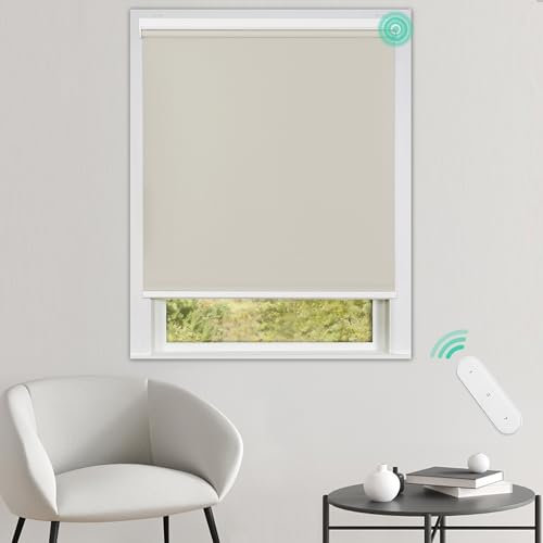Allesin Elektrische Rollos mit Fernbedienung & Motor, Creme Verdunklungsrollo, B100 x H150 cm Creme, Klemmträger ohne Bohren & mit Bohren, Fensterrollo Innen Sonnenschutz