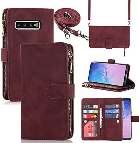 Cavor Handykette Handyhülle mit Band Kompatibel mit Samsung Galaxy S10 Case,Brieftasche Hülle Leder Handyhülle,[9 Pass Halter],Kartenhalter Schlüsselband Case Tasche für Frauen - Rot