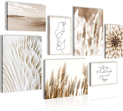 Novart Wandbilder Boho Pampasgras - KOMPLETT AUFHÄNGFERTIG - Beige Wohnzimmer Schlafzimmer- 7 Moderne Mood-Bilder - N013371a