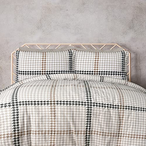 Sleepdown Houndstooth Check Natural Black 100% Brushed Cotton Reversible Duvet Cover Quilt Bedding Set with Pillowcase Warm Soft Easy Care Bed Linen - Single (135cm x 200cm), 5056557512423