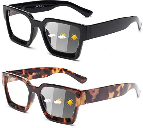 JM 2-Pack Photochrome Lesebrille für Frauen, Quadratisches Blaues Licht Blockierende Computer-Leser-Sonnenbrille, Frühlingsscharnier, Schwarze Schildkröte +2.5