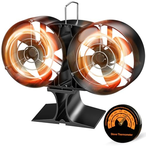 Log Burner Fan, 2023 Upgrade Double Stove Fan with 8 Blades, Heat Powered Stove Fans for Wood Burning Stove, Eco-Friendly, Silent Wood Burner Fan with Thermometer, for Large Room Heat Distribution