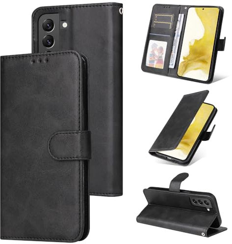 E-Lush Cover per Samsung Galaxy S22 Pelle Sintetica, Portafoglio Cover per Samsung S22 Custodia Carta Fessura Wallet Libro Flip Case Magnetica Supporto Cellulare Antiurto Protezione, Nero
